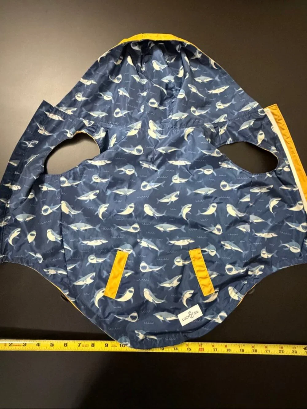 Lucy & Co. Shark Attack Reversible Dog Raincoat Size L Yellow Navy